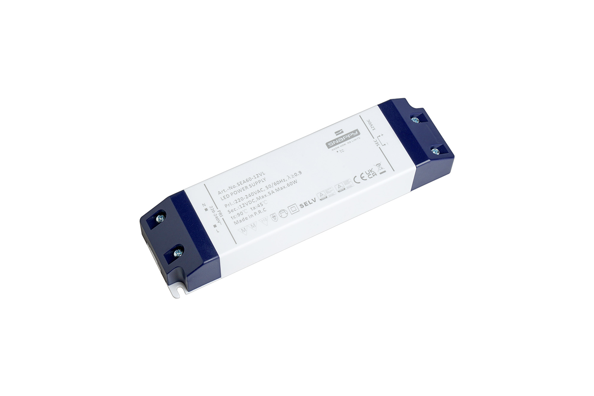 SEA60-12VL  60W, Constant Voltage Non Dimmable LED Driver, 12VDC, 5A, Input 200-240VAC 50/60Hz, IP20.